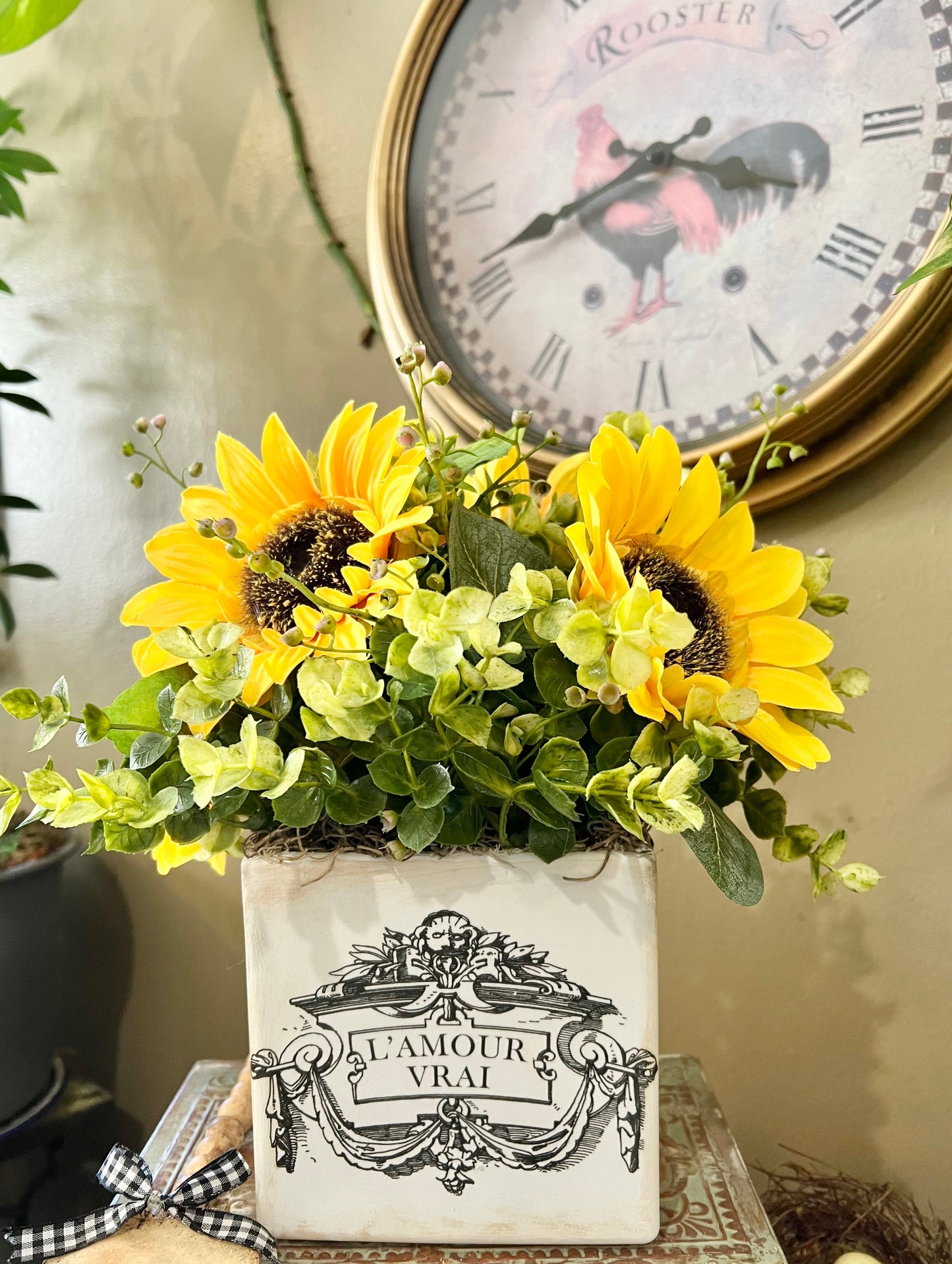 Sunflower/artificial flower arrangement in glass container #handmade #craft
