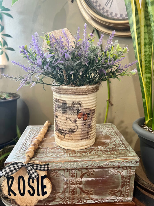 Farmhouse style, handmade, artificial lavender flower arrangement in tin can #farmhouse #handmade #monarch butterfly