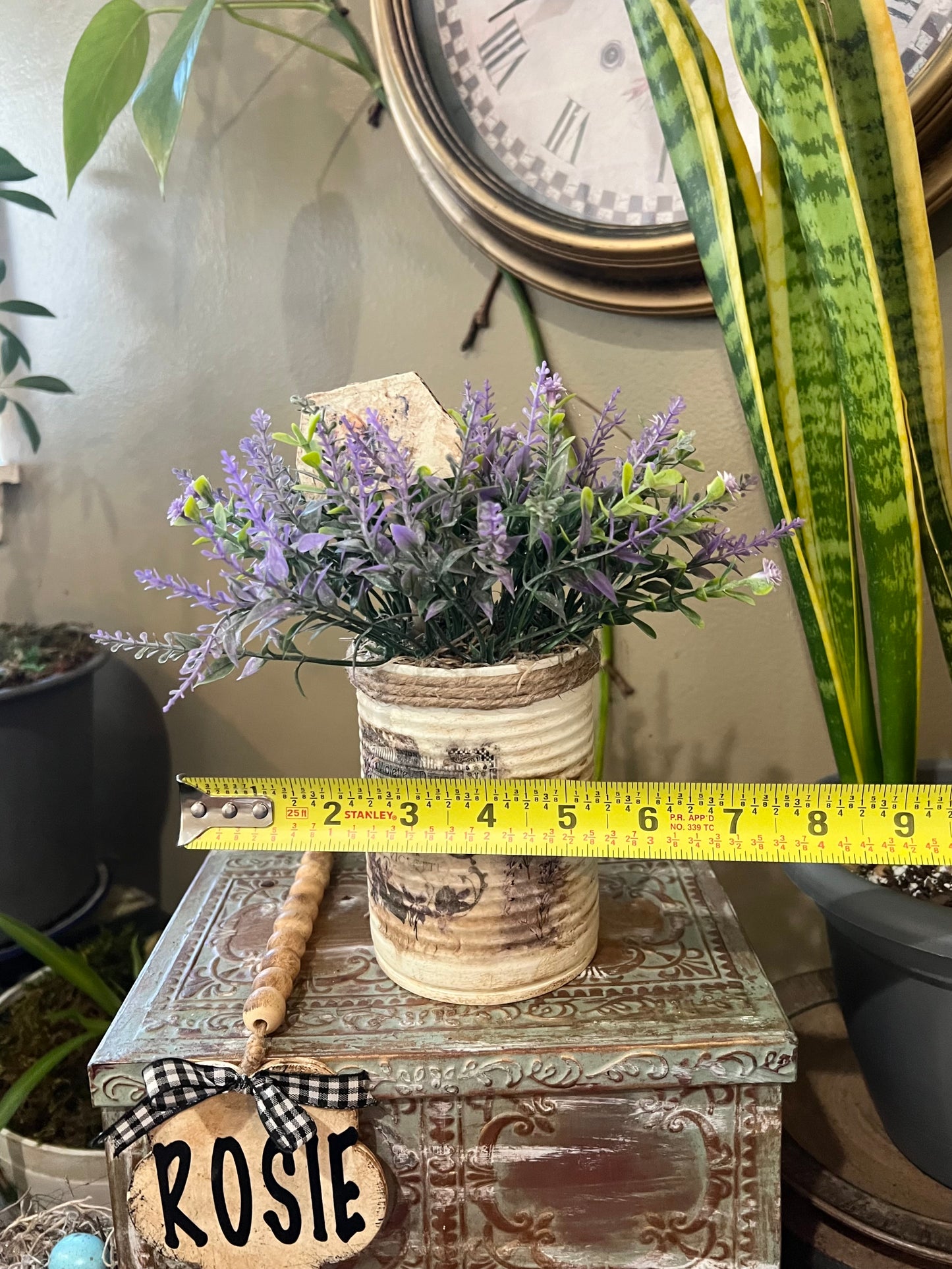 Farmhouse style, handmade, artificial lavender flower arrangement in tin can #farmhouse #handmade #monarch butterfly