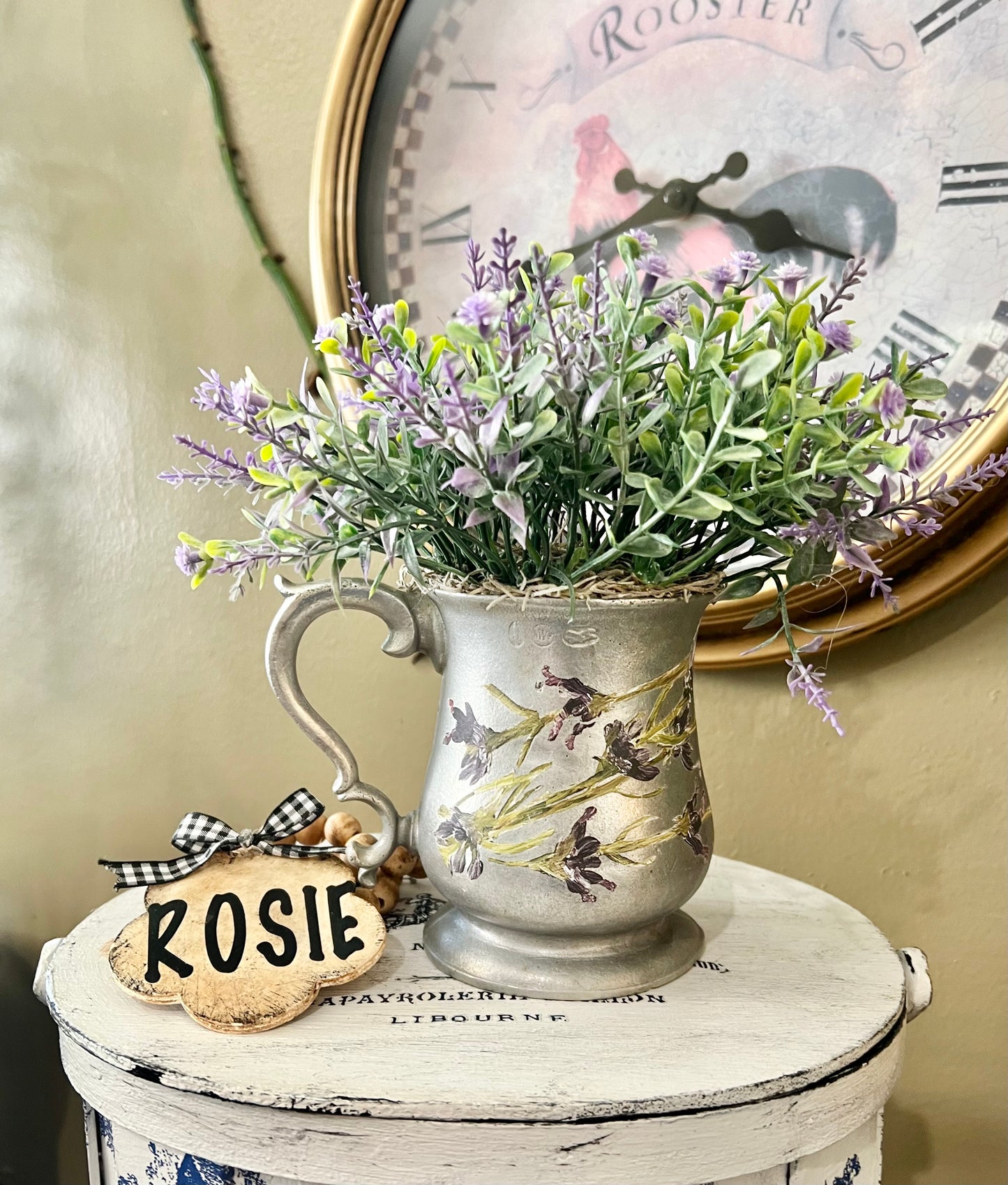 Lavender (artificial) plant in pewter small pitcher #gifts #lavender #plants #crafts